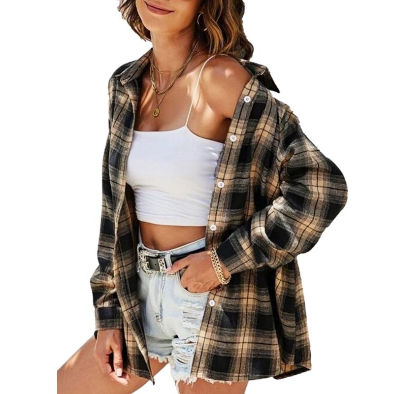 Zontroldy Plaid Flannel Shirts for Women Oversized Long Sleeve Button Down Buffalo Plaid Shirt Blouse Tops knitted shirt vintage tops Womenswear Casual Collared