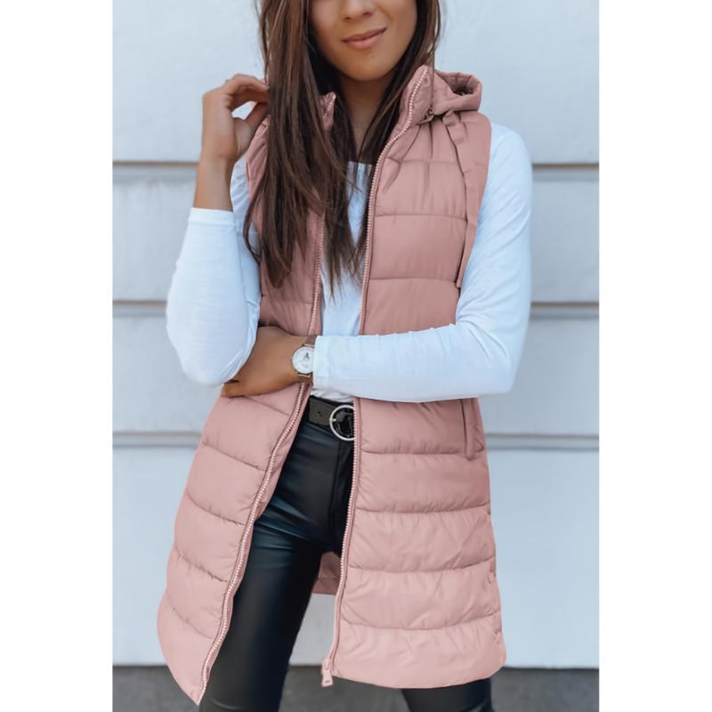 Blazer Mid Length Winter Zip Up Drawstring Hooded Puffer Vest, Casual Sleeveless With Pocket, Women's Clothing Collar Fabric