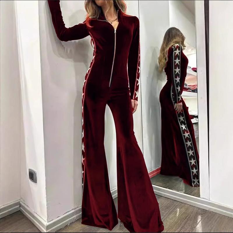 Fashion Velvet Stitching Printing Long Sleeve Wide Leg Jumpsuit European and American