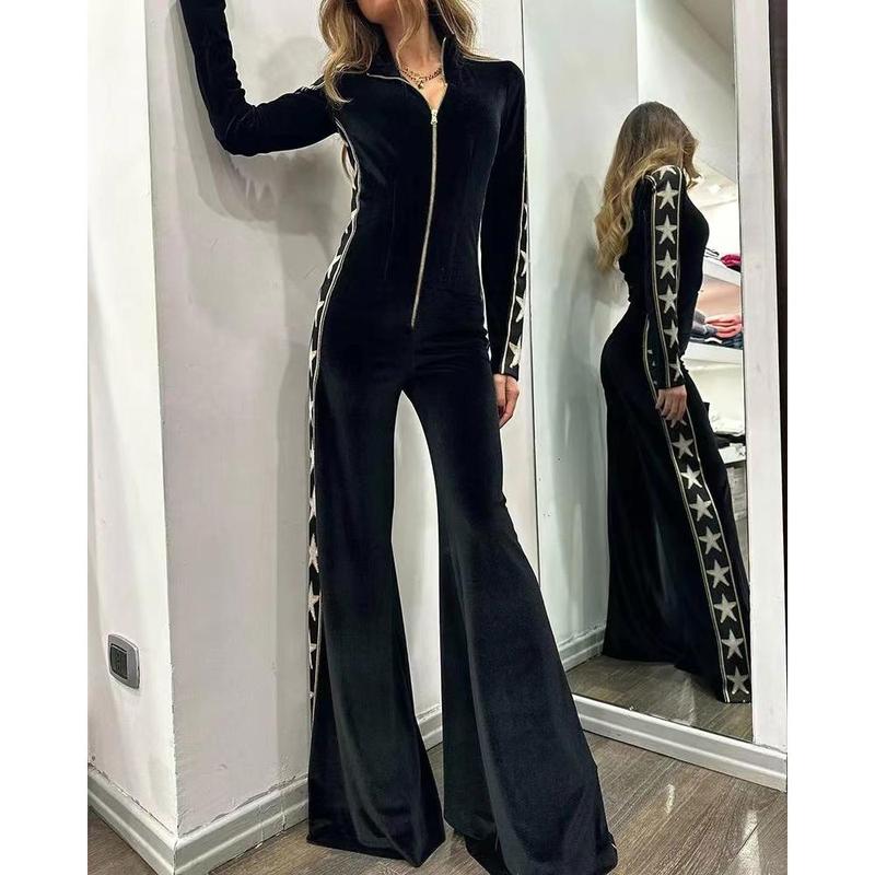 Fashion Velvet Stitching Printing Long Sleeve Wide Leg Jumpsuit European and American