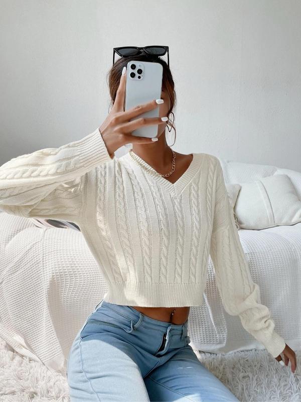 Women's Textured V Neck Cable Knit Sweater, Cozy Fall Sweaters, Casual Drop Shoulder Long Sleeve Jumper, Cozy-chic Women's Pullover Top for Fall & Winter