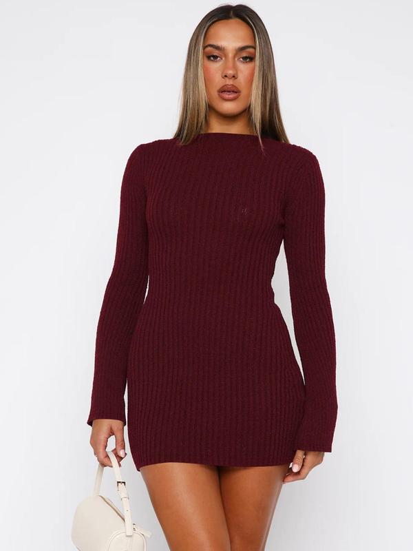 Women's Solid Ribbed Long Sleeve Bodycon Dress, Elegant Fashion Casual Stand Collar Short Dress for Daily Outdoor Wear, Women Dress for Fall & Winter