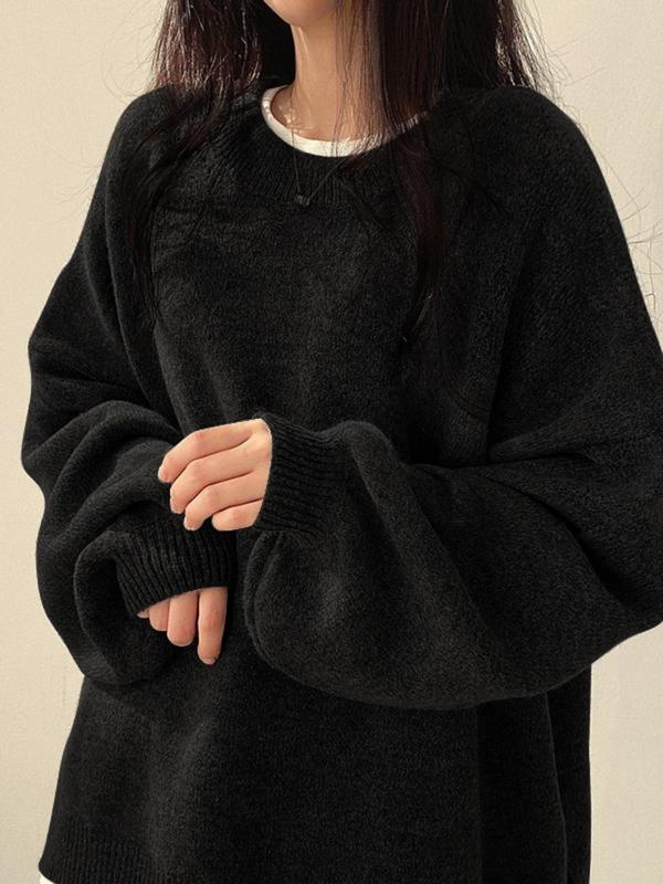  Solid Drop Shoulder Split Hem Sweater, Casual Long Sleeve Round Neck Jumper for Fall & Winter, Sweaters for Women, Women's Plus Clothing for Daily Wear