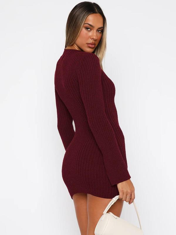 Women's Solid Ribbed Long Sleeve Bodycon Dress, Elegant Fashion Casual Stand Collar Short Dress for Daily Outdoor Wear, Women Dress for Fall & Winter