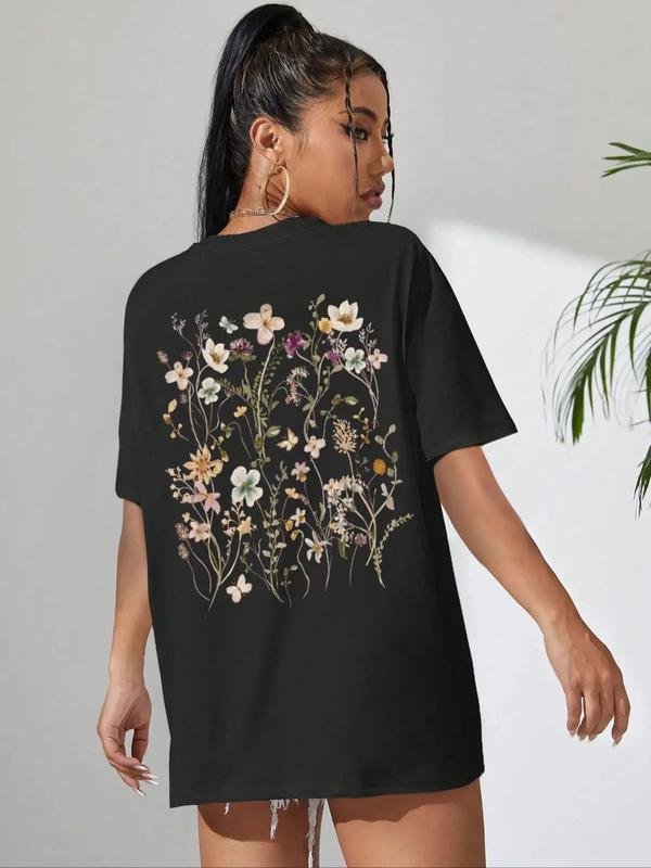 Women's Floral Print Drop Shoulder Crew Neck Tee, Street Casual Half Sleeve Round Neck T-Shirt, Graphic Tees, Summer Outfits, Streetwear Top, Ladies Clothes for Daily Wear