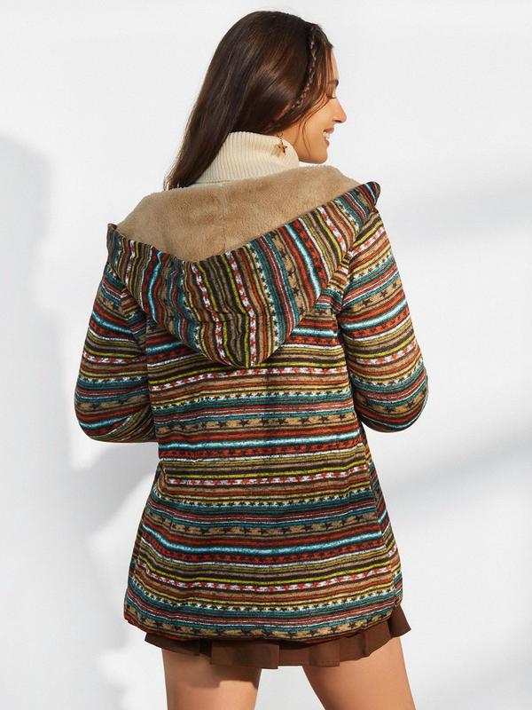 Women's Vintage Tribal Print Zip Up Pocket Fleece Hooded Coat, Long Sleeve Teddy Lined Coat for Fall & Winter, Winter Coats Women, Women Clothes for Daily Wear, Longsleeves Tops for Lady, Casual Womenswear, Coats for School