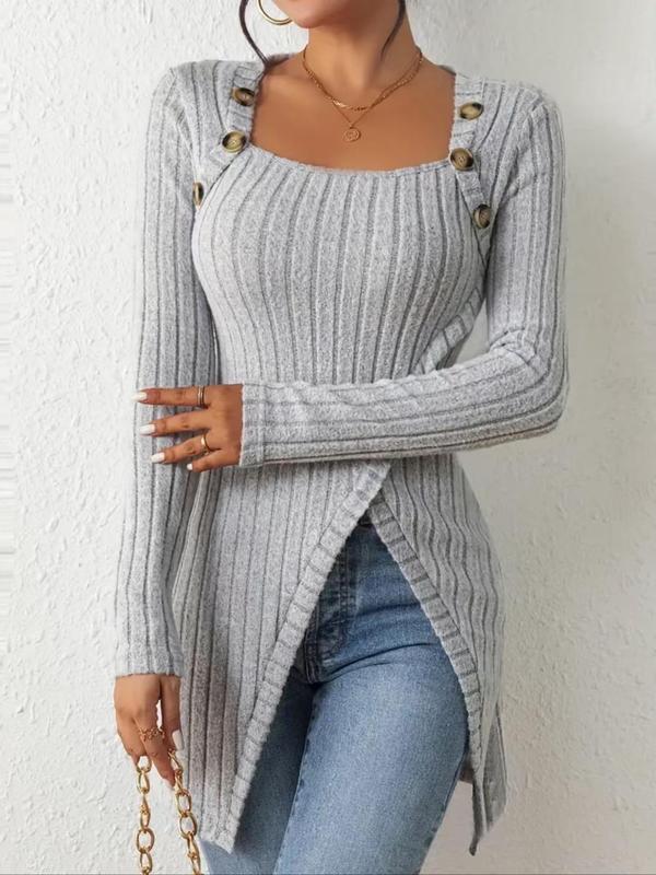 Women's Plain Button Ribbed Sweater, Casual Long Sleeve Split Hem Jumper for Spring & Fall, Fashion Women's Knitwear for Daily Wear