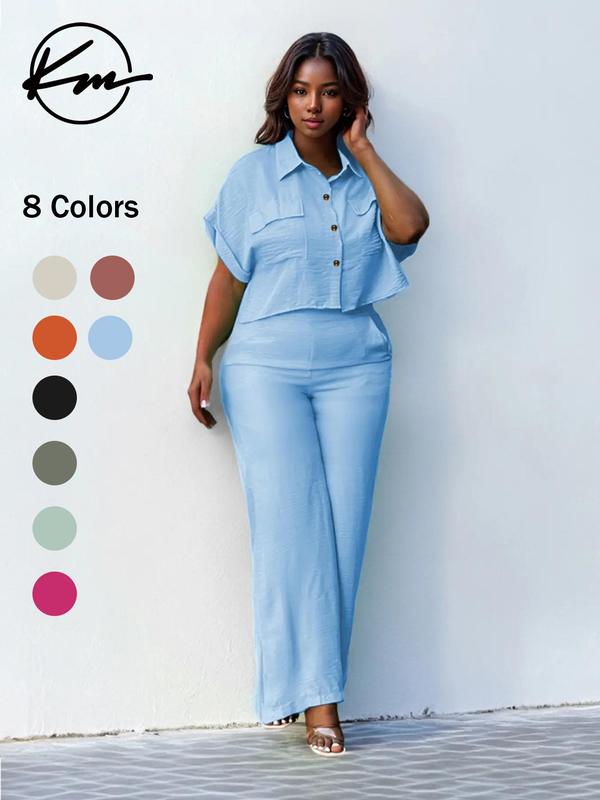 Two-Piece Set Women's Solid Pants, Set, Short Sleeve Button Front Crop Blouse & High Waist Pocket Trousers Set, Casual Summer Outfits Clothes Set for Ladies, Apple Shape Outfits