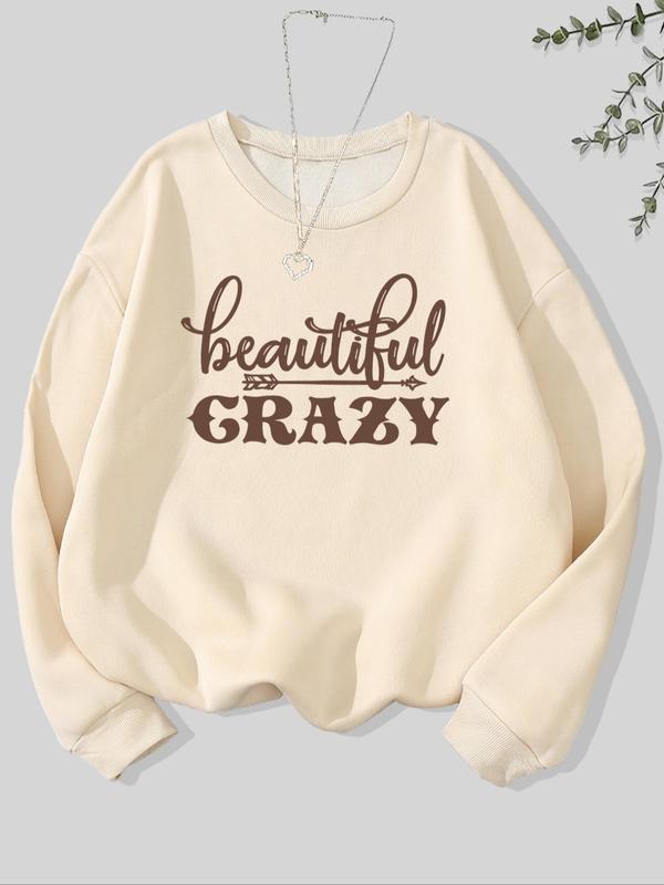 Women's Letter Print Drop Shoulder Pullover, Casual Long Sleeve Crew Neck Sweatshirt for Fall & Winter, Women's Clothes for Daily Wear