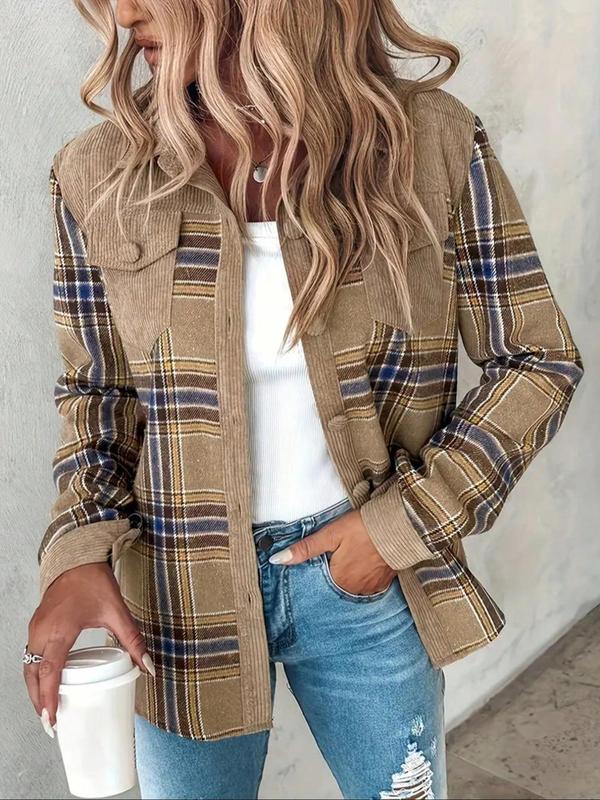 Women's Plaid Print Button Front Pocket Shirt, Casual Long Sleeve Collared Top for Spring & Fall, Women's Clothes for Daily Wear