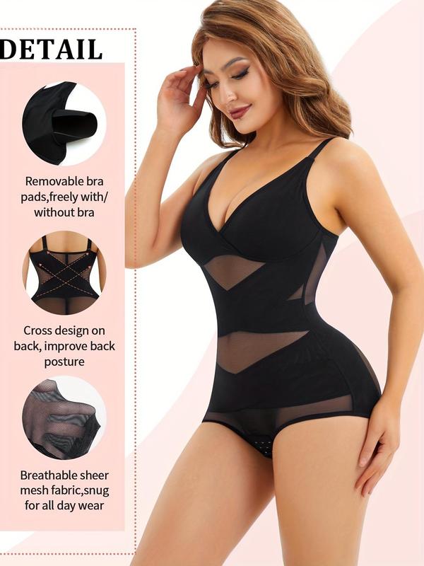 Women's Solid Sheer Contrast Mesh Padded Shapewear Bodysuit, Deep V Neck High Stretch Butt Lift Tummy Control Shapewear Cami Bodysuit, Women's Shapewear