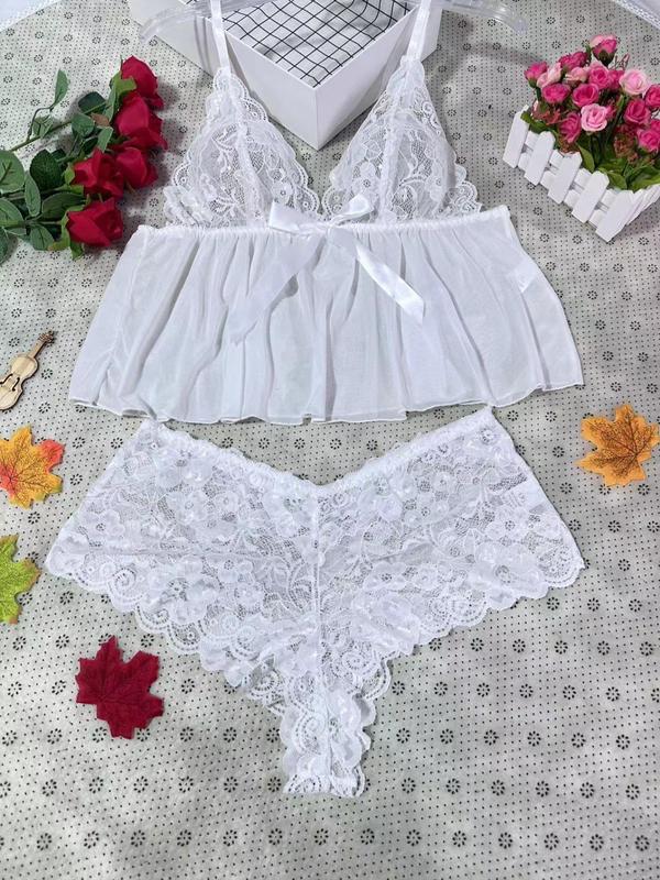 Plus Size Floral Lace Bow Cami Top & Sheer Panty Lingerie Set, Sexy Adjustable Strap Deep V Neck Crop Camisole & Scallop Trim Knicker, Women's Plus Sexy Lingerie Set