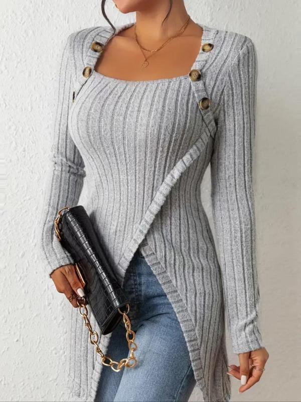 Women's Plain Button Ribbed Sweater, Casual Long Sleeve Split Hem Jumper for Spring & Fall, Fashion Women's Knitwear for Daily Wear