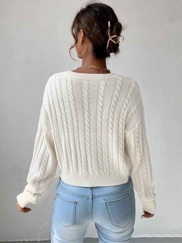 Women's Textured V Neck Cable Knit Sweater, Cozy Fall Sweaters, Casual Drop Shoulder Long Sleeve Jumper, Cozy-chic Women's Pullover Top for Fall & Winter