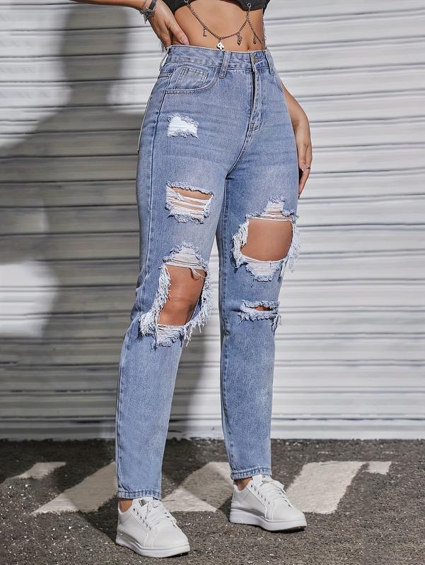 Women's High Waist Ripped Straight Jeans (Blue), Small Denim Womenswear Denim Womenswear Bottom Boyfriend Jeans Pants Streetwear