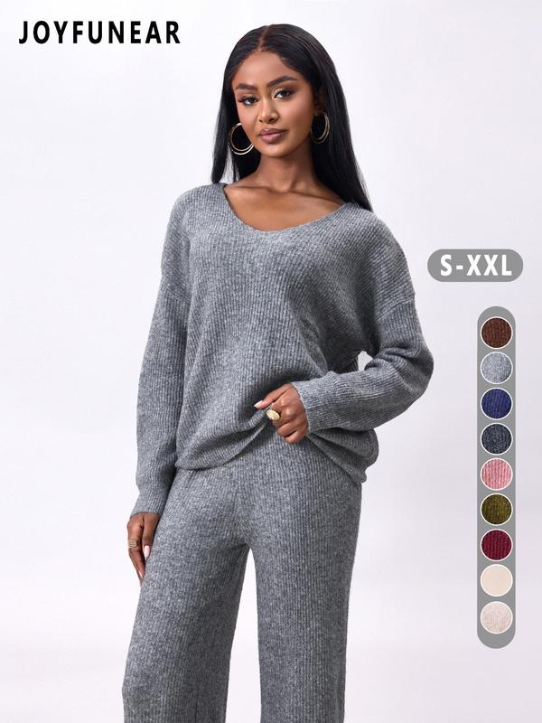 Two-piece Set Women's Solid Color Drop Shoulder Sweater & Pants Sweater Set, Casual Fashion Cozy Drop Shoulder Knitwear Set for Daily Outdoor Wear, Knitwear Set for Women Women Knitwear for Fall & Winter