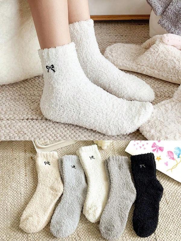 3pairs Women's Random Color Bow Fluffy Warm Fashion Socks, Suitable For Autumn Winter