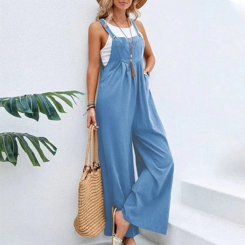 Casual Loose Jumpsuit Women Summer Solid Cotton Linen Straps Wide Leg Pants Dungaree Bib Overalls Sleeveless Oversized Jumpsuits Womenswear