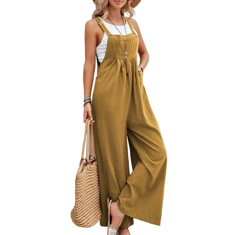 Casual Loose Jumpsuit Women Summer Solid Cotton Linen Straps Wide Leg Pants Dungaree Bib Overalls Sleeveless Oversized Jumpsuits Womenswear