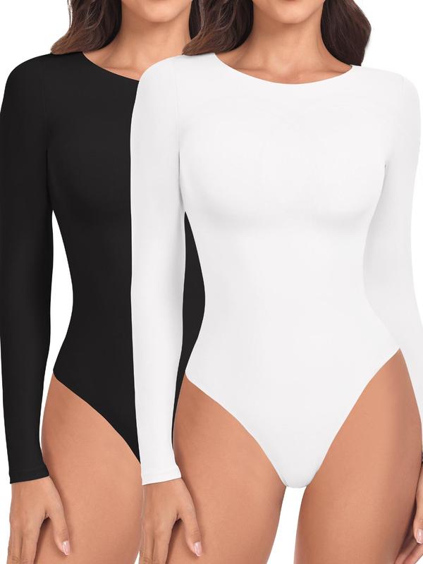 Women's Solid Color Long Sleeve Shapewear Bodysuit, Body Shapewear, Casual Comfy Breathable Waist Slimmer Round Neck Bodysuit Shaper for Daily Wear, Summer Wear 2024, Shapewear Tummy Control, Body Shapewear, Ladies Shapewear Clothes for Spring & Fall