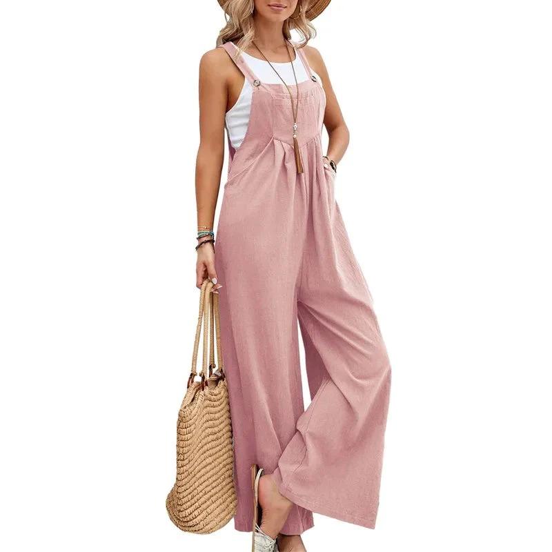 Casual Loose Jumpsuit Women Summer Solid Cotton Linen Straps Wide Leg Pants Dungaree Bib Overalls Sleeveless Oversized Jumpsuits Womenswear