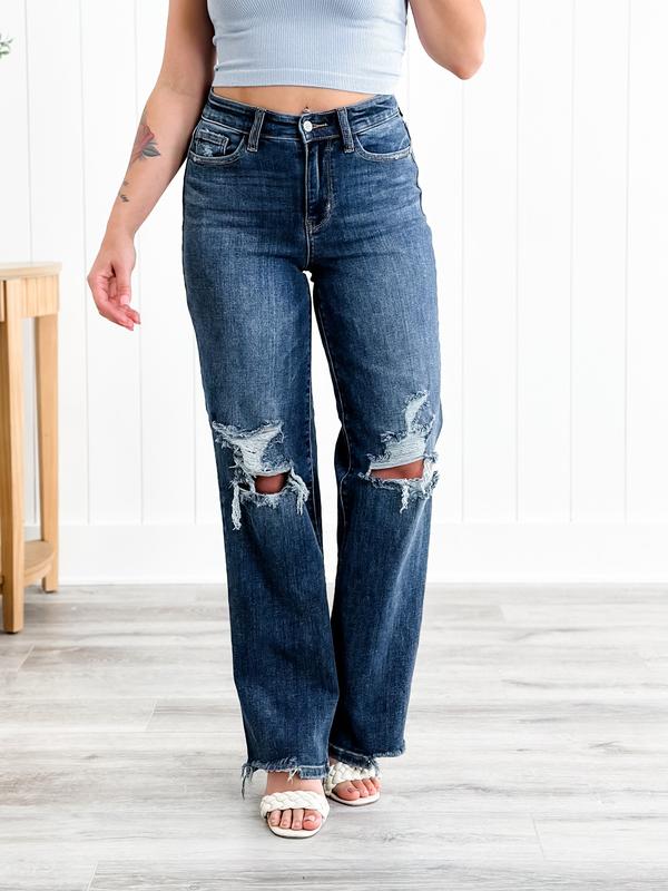 Judy Blue Jagged Little Pill High Rise Dark Wash 90's Destroyed Knee Straight Leg Jeans