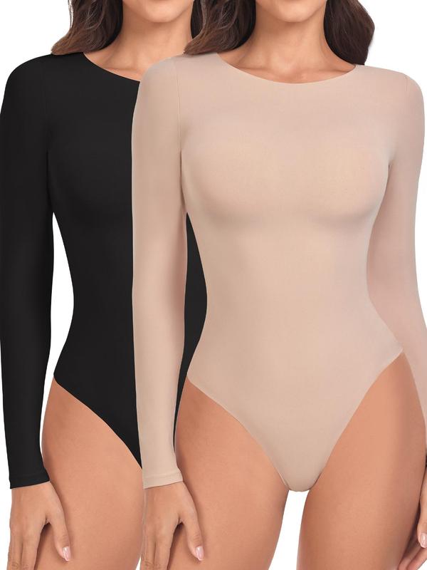 Women's Solid Color Long Sleeve Shapewear Bodysuit, Body Shapewear, Casual Comfy Breathable Waist Slimmer Round Neck Bodysuit Shaper for Daily Wear, Summer Wear 2024, Shapewear Tummy Control, Body Shapewear, Ladies Shapewear Clothes for Spring & Fall