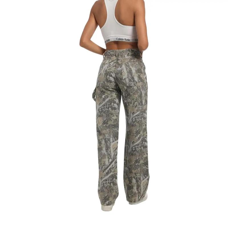 PINKYMOOR Women's Camouflage Overalls Straight Wide Leg Pants Casual Low Rise Camouflage Jogging Pants with Pockets