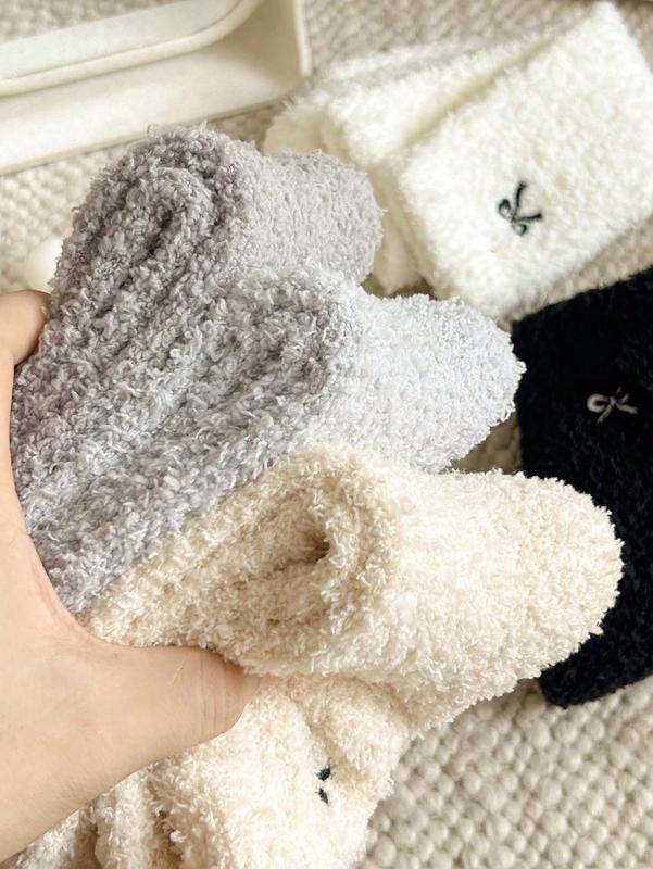 3pairs Women's Random Color Bow Fluffy Warm Fashion Socks, Suitable For Autumn Winter