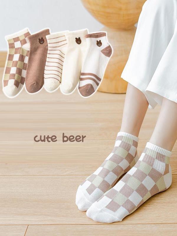 Women's 5 Pairs Plaid & Striped Print Ankle Socks, Cartoon Bear Print Low Cut Socks For Summer, Cozy Cute Fashion Socks For Daily Wear