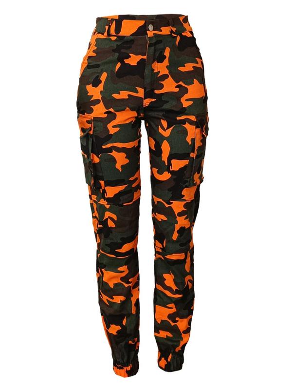 Women's Camo Print Button Fly Cargo Pants, Casual Pocket Design Trousers for Daily Wear, Ladies Bottoms for Fall & Winter