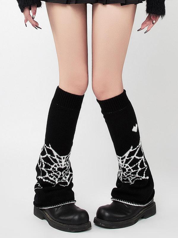 Women's Spider Web & Heart Pattern Leg Warmers, Street Y2K Style Soft Comfy Socks for Fall & Winter, Women's Socks for Daily Wear