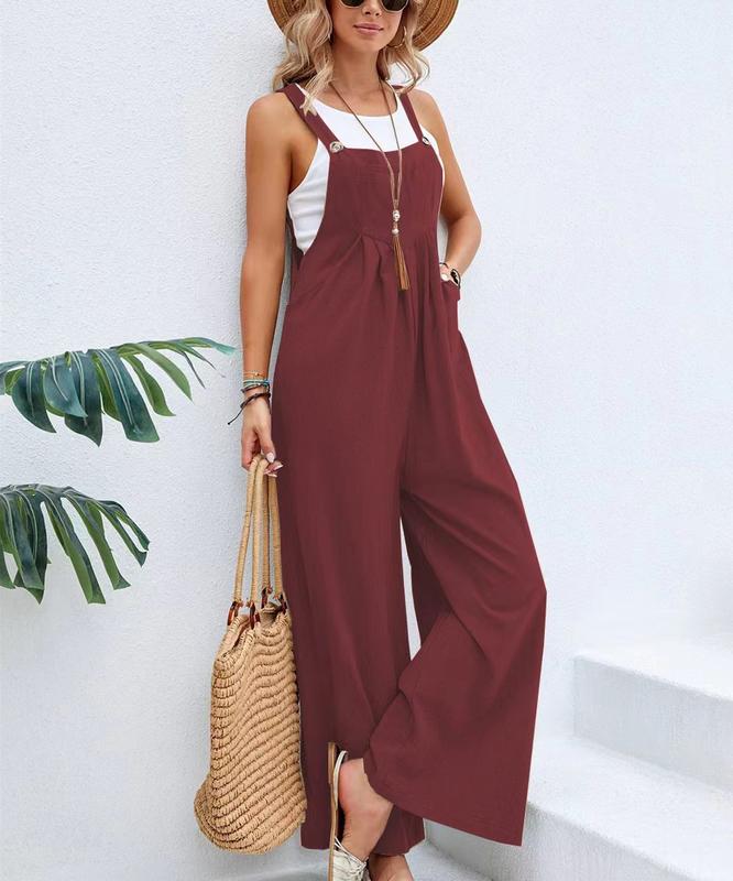 Casual Loose Jumpsuit Women Summer Solid Cotton Linen Straps Wide Leg Pants Dungaree Bib Overalls Sleeveless Oversized Jumpsuits Womenswear