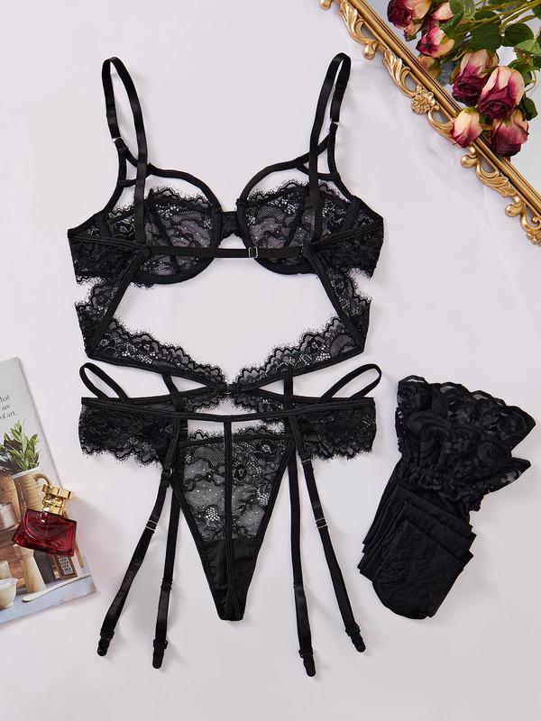 Women's Patchwork Print Sheer Lace Bra Thong & Garter Belt Three-Piece Set, Sexy Comfy Breathable Lingerie Set for Daily Wear, Women's Lingerie & Underwear for All Seasons