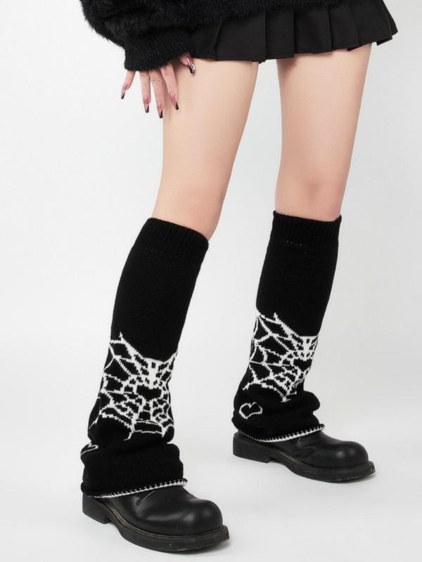 Women's Spider Web & Heart Pattern Leg Warmers, Street Y2K Style Soft Comfy Socks for Fall & Winter, Women's Socks for Daily Wear