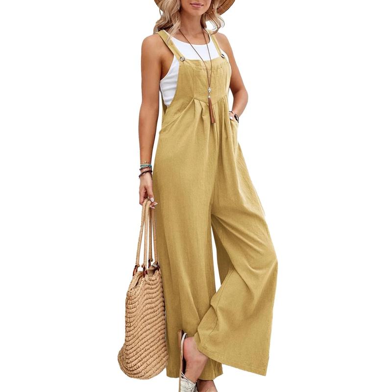 Casual Loose Jumpsuit Women Summer Solid Cotton Linen Straps Wide Leg Pants Dungaree Bib Overalls Sleeveless Oversized Jumpsuits Womenswear