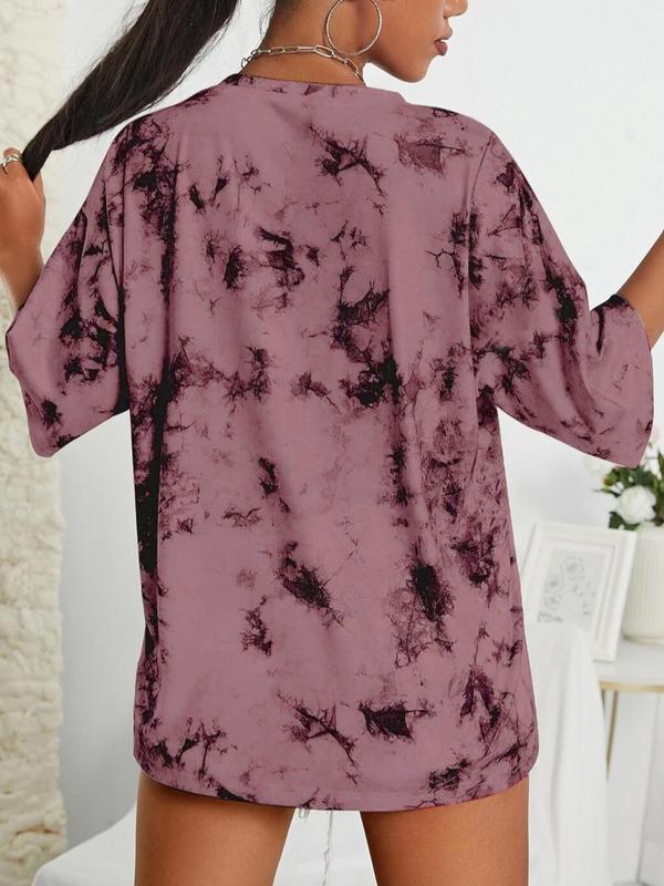  Tie Dye Print Drop Shoulder Tee, Fashion Casual Round Neck Half Sleeve T-shirt for Daily Outdoor Wear, Women Plus Clothing for Summer