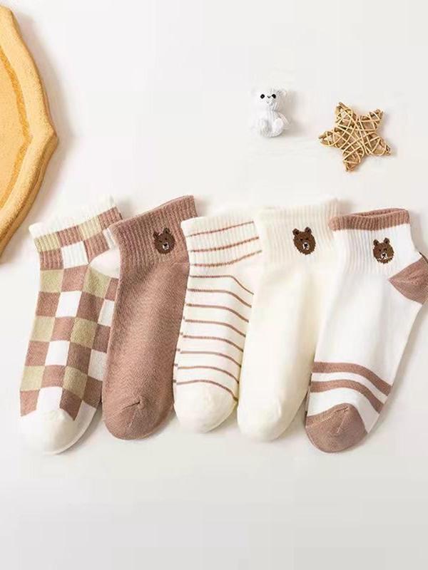 Women's 5 Pairs Plaid & Striped Print Ankle Socks, Cartoon Bear Print Low Cut Socks For Summer, Cozy Cute Fashion Socks For Daily Wear