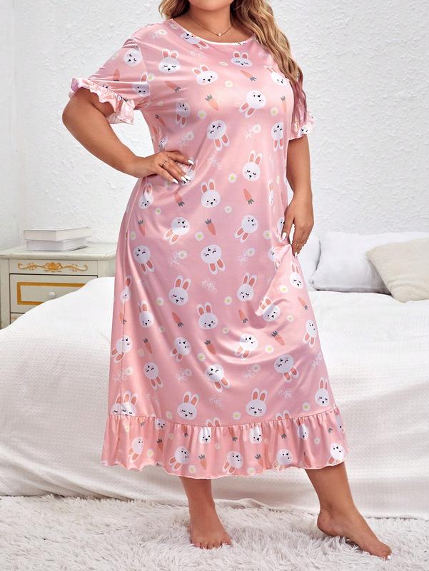 Plus size rabbit printed loose fitting dress, cute and sexy women's pajamas, comfortable and casual short sleeved ruffled edge pajamas, suitable for daily home wear, 2024 summer clothing, plus size clothing