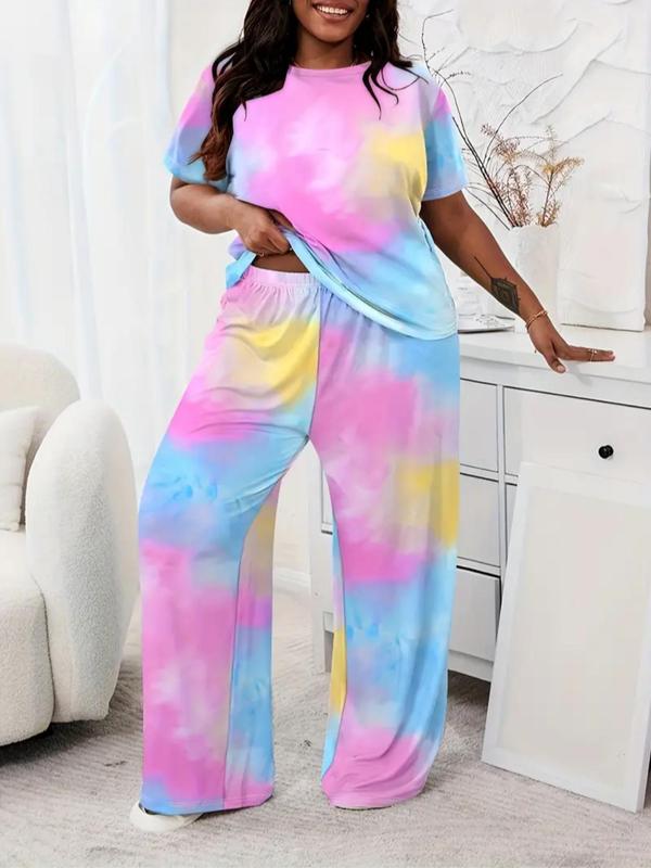  Two-Piece Set Tie Dye Print Tee & Elastic Waist Pants Pyjama Set, Casual Comfy Round Neck Short Sleeve T-Shirt & Trousers PJ Set, Women's Sleepwear for All Seasons