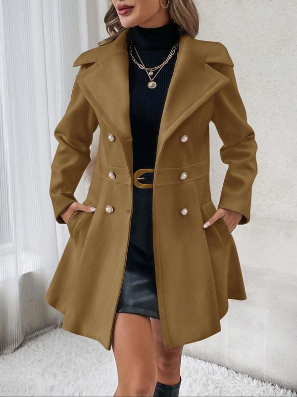 Coolcool Exclusive Coat Women's Solid Double Button Pocket Overcoat,  Winter Wear, Casual Long Sleeve Lapel Neck Outerwear for Fall & Winter, Trendy Fall Wear 2024, Women's Party Clothes for Daily Wear