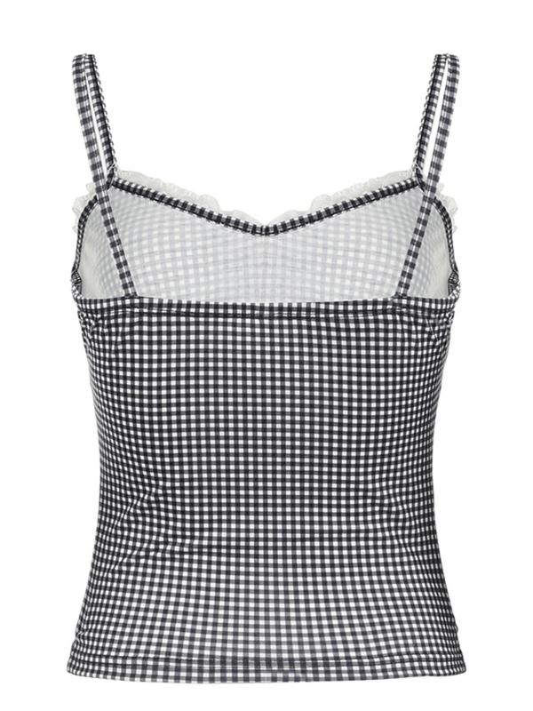 Women's Gingham Print Contrast Lace Crop Cami Top, Casual Spaghetti Strap Top for Summer, Ladies Clothes for Daily Wear