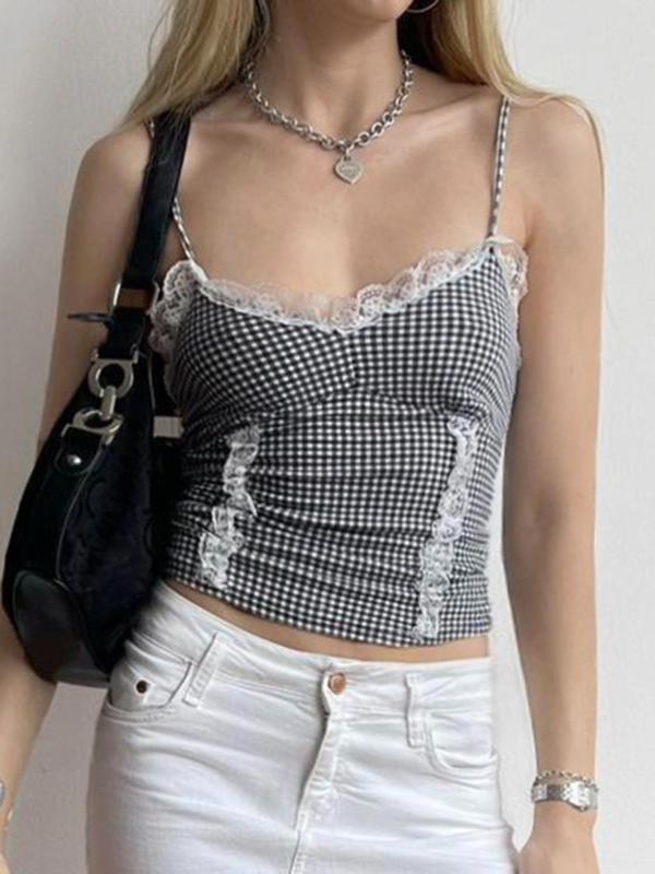 Women's Gingham Print Contrast Lace Crop Cami Top, Casual Spaghetti Strap Top for Summer, Ladies Clothes for Daily Wear