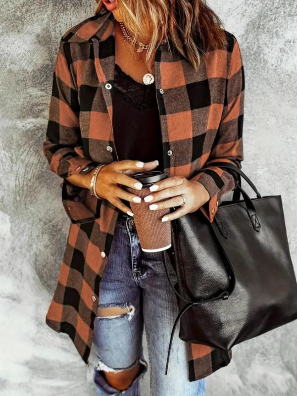 Women's Random Plaid Print Button Front Pocket Shirt, Casual Long Sleeve Collared Top for Spring & Fall, Women's Clothes for Daily Wear