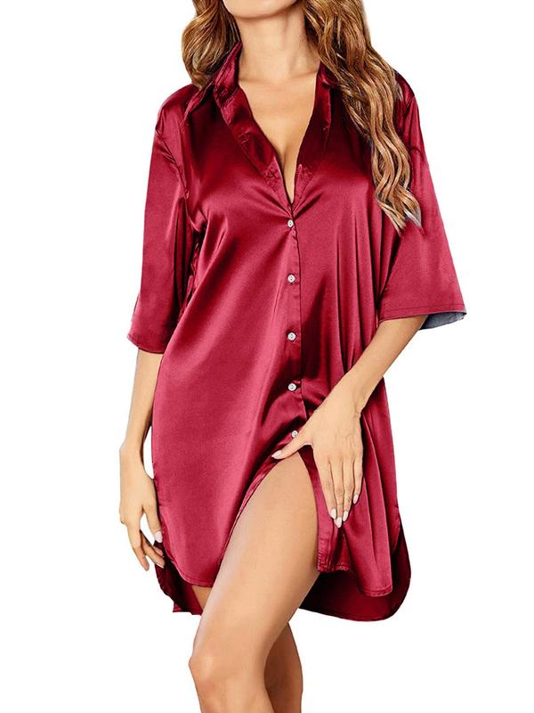 Women's Solid Button Front Split Hem Satin Nightdress, Casual Comfortable Drop Shoulder Nightgown, Ladies Sleepwear for All Seasons