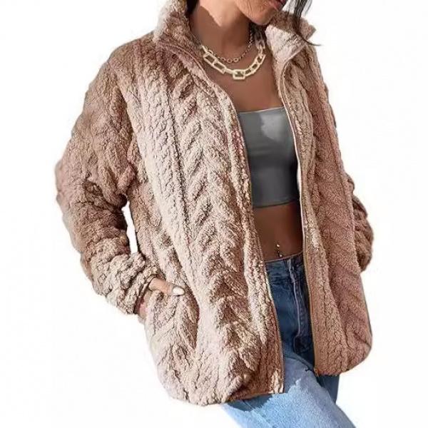 2024 New Arrival Hot Sale Women's Autumn and Winter Hot Sale New Solid Color Casual Zipper Cardigan Stand Collar Polar Fleece Jacket