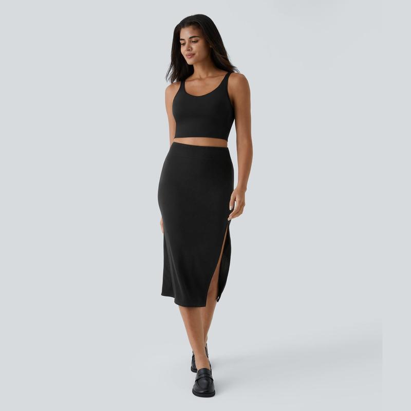 Ribbed High Waisted Split Bodycon Midi Casual Skirt