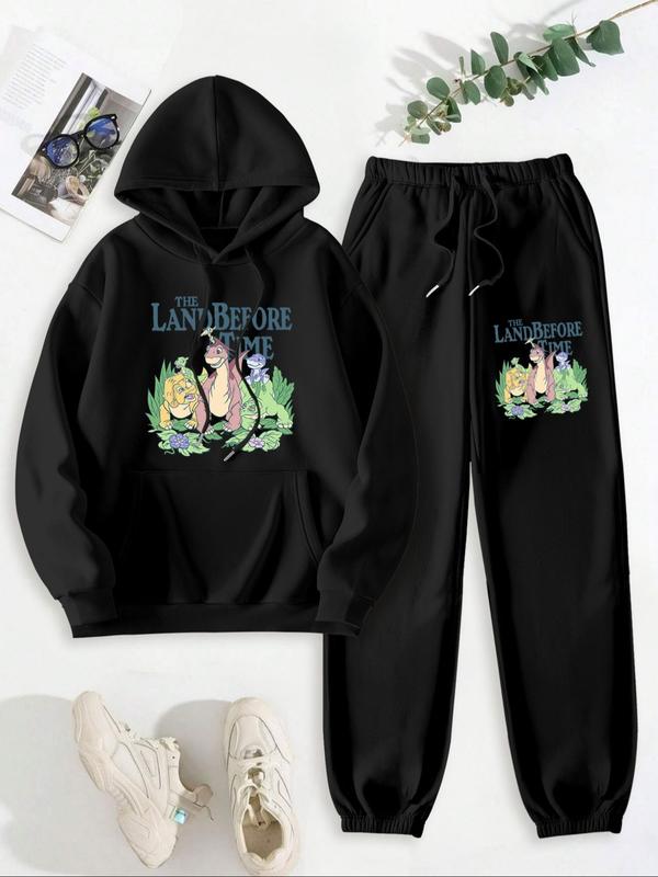 Women's Cartoon Dinosaur Print Drop Shoulder Hoodie & Drawstring Waist Sweatpants Two-piece Set, Fashion Casual Hooded Sweatshirt & Pocket Trousers for Daily Outdoor Wear, Women Clothes for Fall & Winter