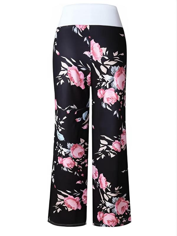 Women's Floral Print Drawstring Waist Wide Leg Pants, Boho Casual Comfy Contrast Binding Trousers for Daily Wear, Women's Bottoms for Spring & Fall