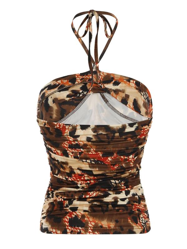 Women's Leopard Print Ruched Tie Back Halter Top, Casual Fashion Sleeveless Top for Daily Outdoor Wear, Women Clothing for Fall & Winter